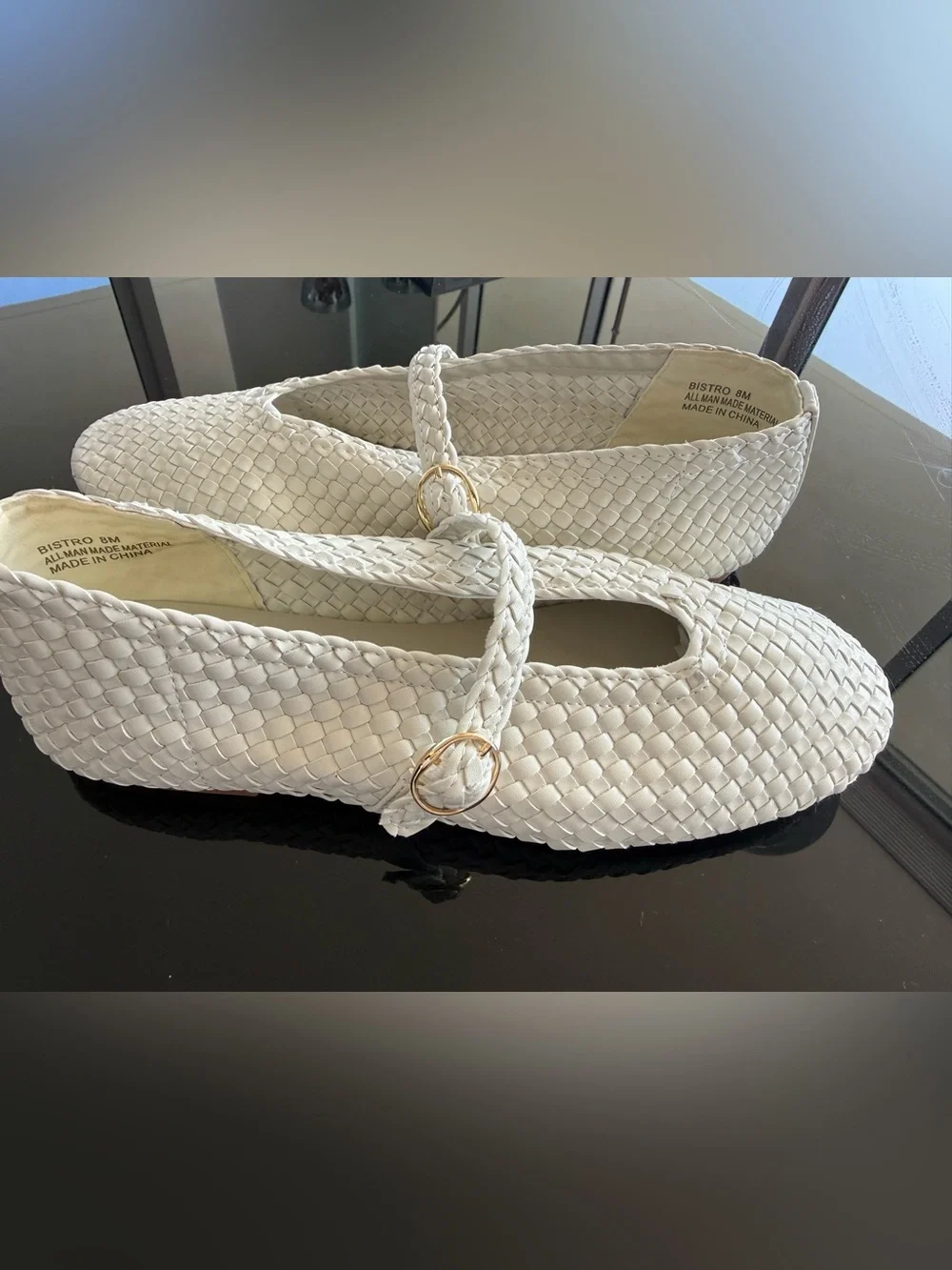 House of Harlow 8M Woven White Mary Jane Flats with Gold Buckle